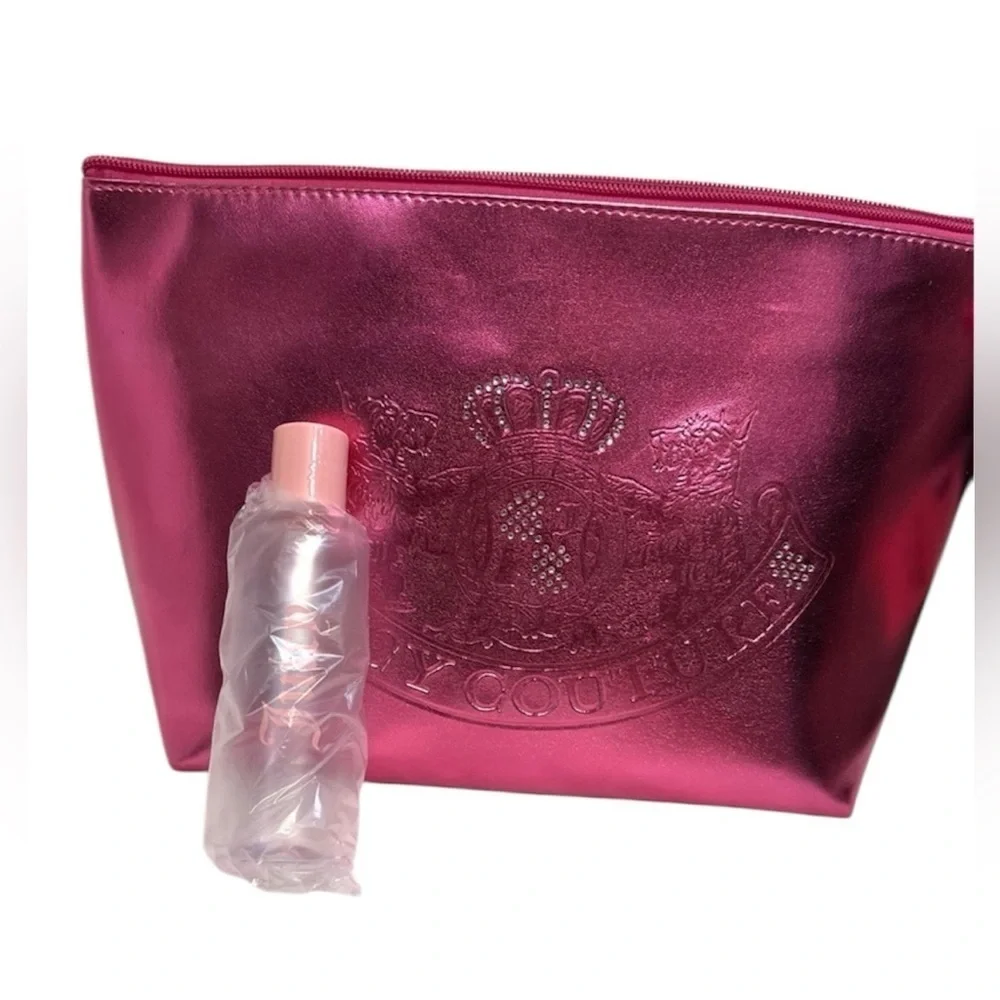 👑 🩷Juicy Couture Pink Metallic Cosmetic Bag AND EMPTY TOILETRY BOTTLE 🩷NWT